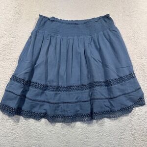 Old Navy Blue Skirt Women Medium Smocked Waist Crochet Trim Casual Summer Cotton